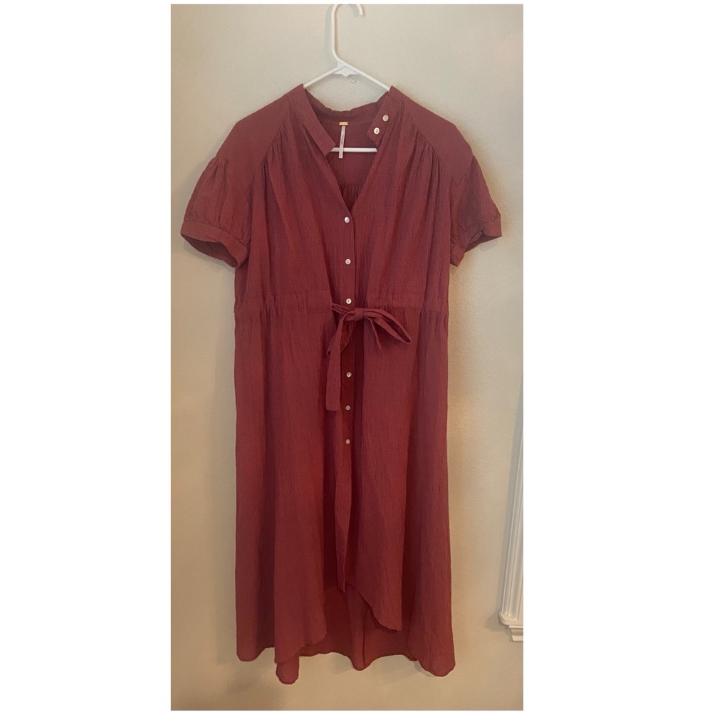 Free People Retro Romance Maxi Dress Red Gauze Button Front Tie Waist Size Small - Picture 3 of 7
